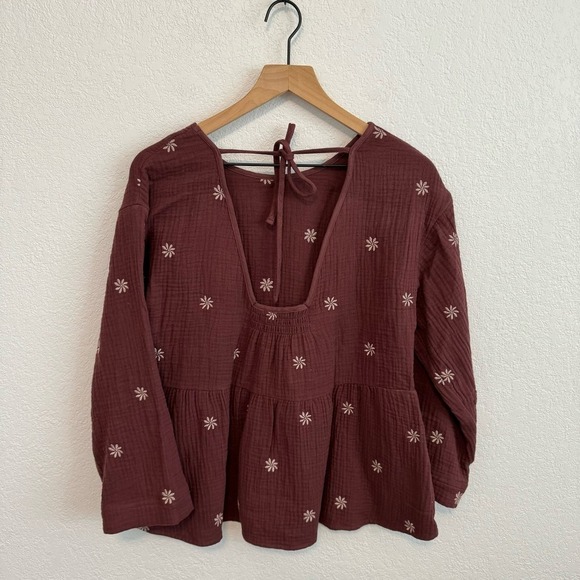 Madewell Embroidered Lightspun Peplum Open-Back Top Vintage Mulberry Red M - Picture 7 of 12